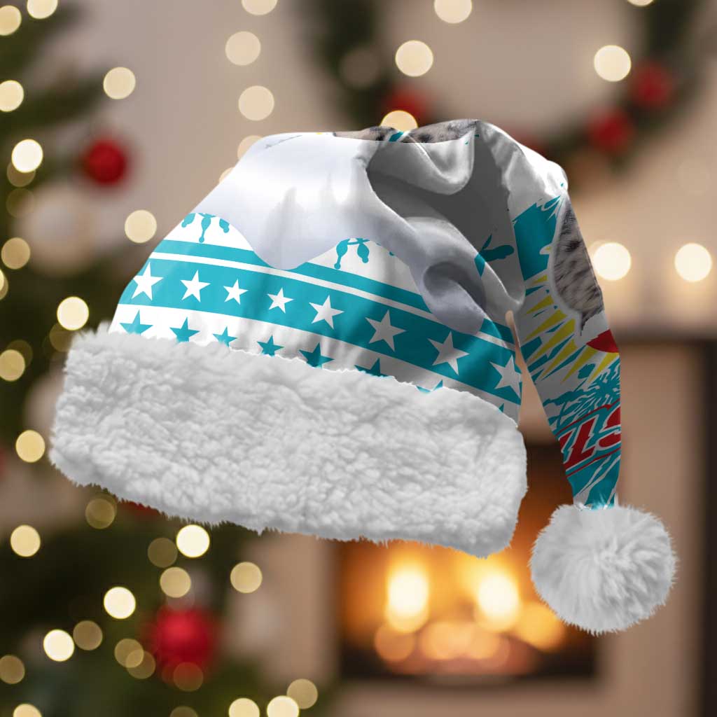 Kazakhstan Christmas Santa Hat with Snow Leopard in Santa Hat Blue and Yellow Reindeer Snowflake - Wonder Print Shop