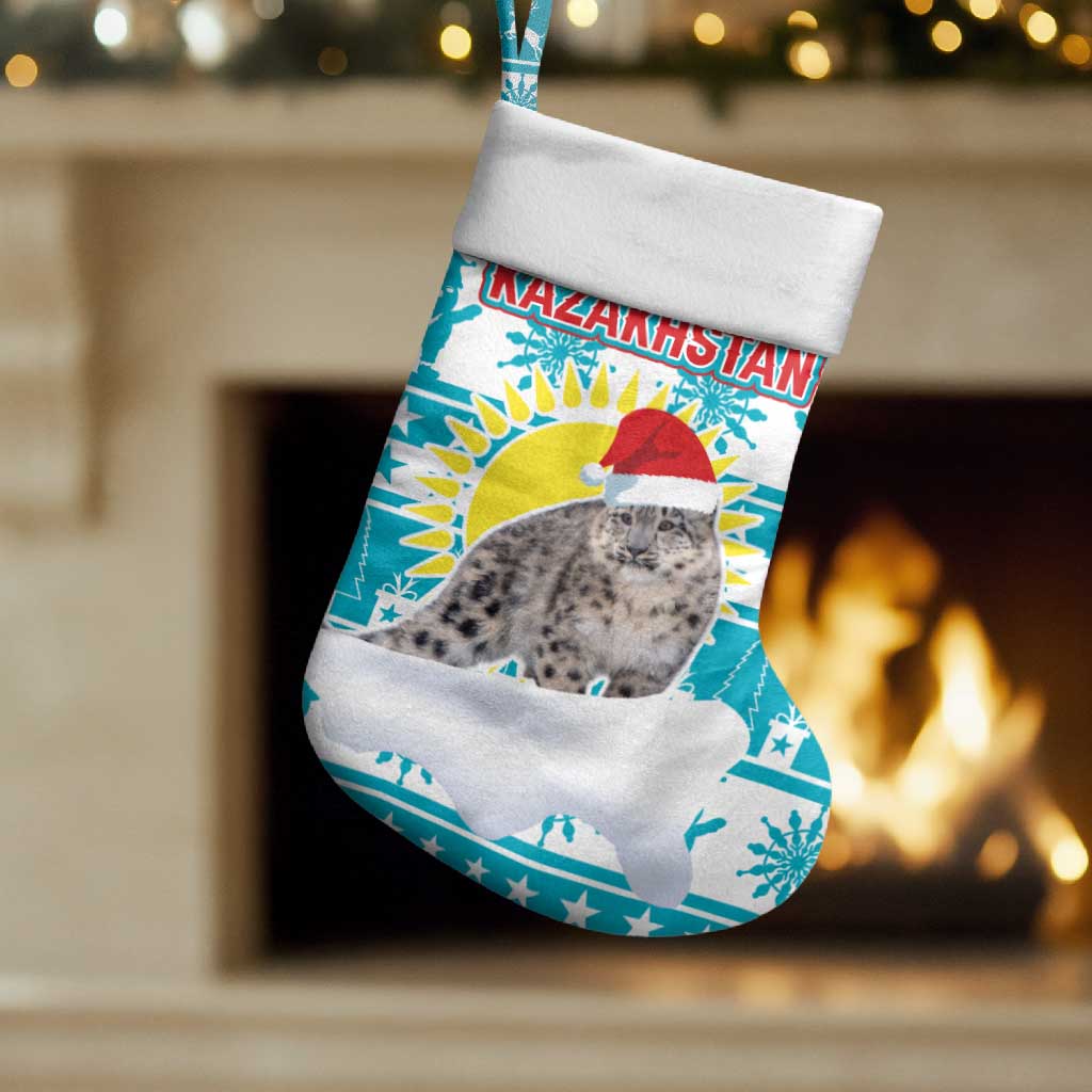 Kazakhstan Christmas Stocking with Snow Leopard in Santa Hat Blue and Yellow Reindeer Snowflake - Wonder Print Shop