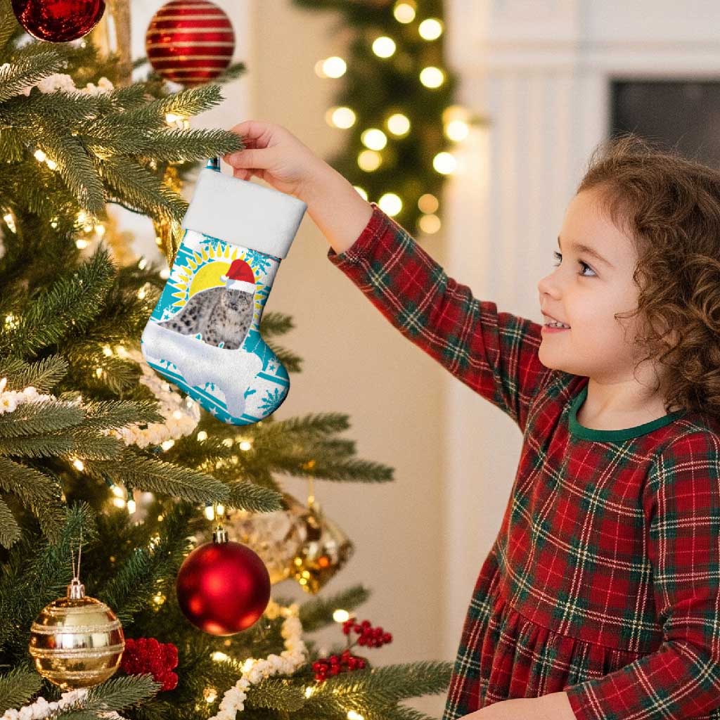 Kazakhstan Christmas Stocking with Snow Leopard in Santa Hat Blue and Yellow Reindeer Snowflake - Wonder Print Shop