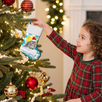 Kazakhstan Christmas Stocking with Snow Leopard in Santa Hat Blue and Yellow Reindeer Snowflake - Wonder Print Shop