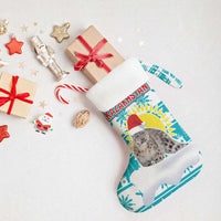 Kazakhstan Christmas Stocking with Snow Leopard in Santa Hat Blue and Yellow Reindeer Snowflake - Wonder Print Shop
