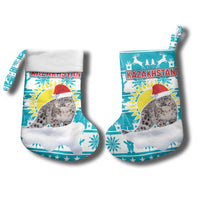 Kazakhstan Christmas Stocking with Snow Leopard in Santa Hat Blue and Yellow Reindeer Snowflake - Wonder Print Shop