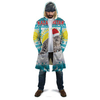 Kazakhstan Christmas Cloak with Snow Leopard in Santa Hat Blue and Yellow Reindeer Snowflake - Wonder Print Shop
