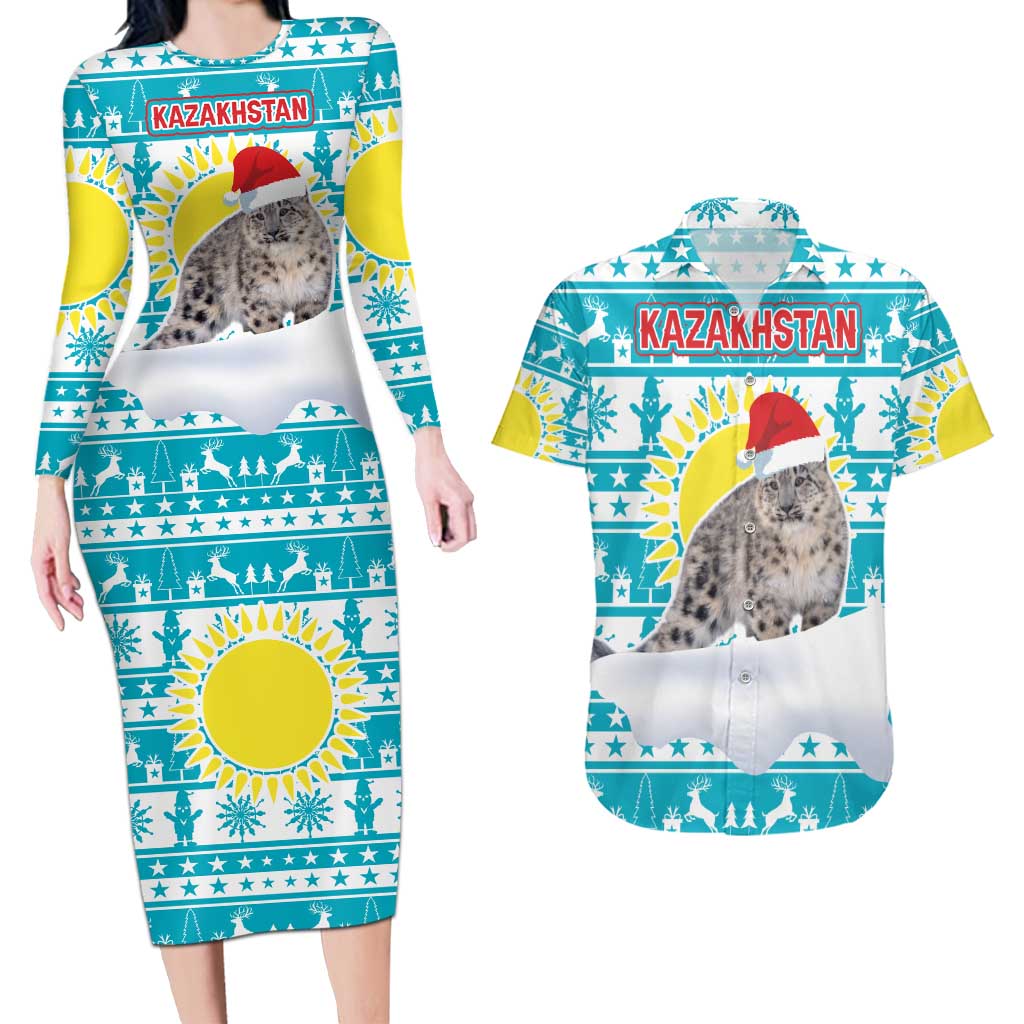 Kazakhstan Christmas Couples Matching Long Sleeve Bodycon Dress and Hawaiian Shirt with Snow Leopard in Santa Hat Blue and Yellow Reindeer Snowflake - Wonder Print Shop
