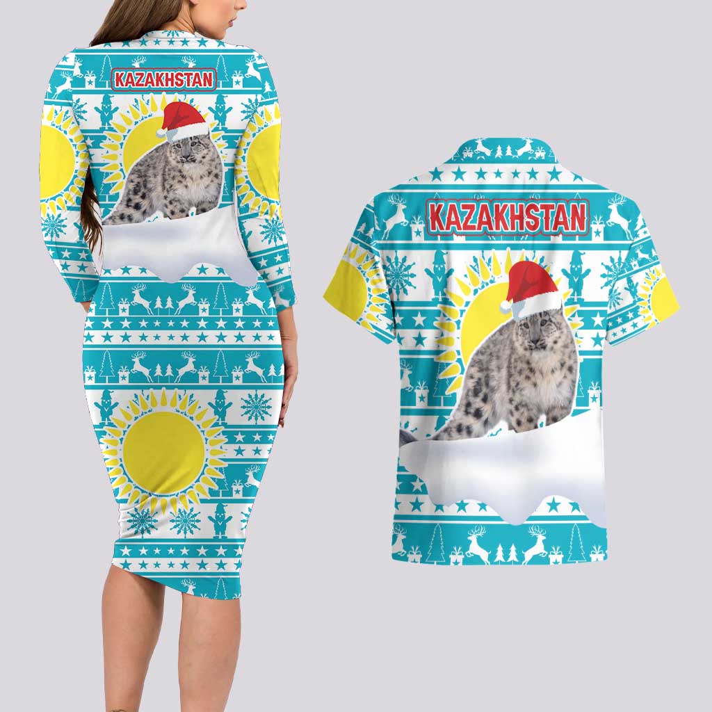 Kazakhstan Christmas Couples Matching Long Sleeve Bodycon Dress and Hawaiian Shirt with Snow Leopard in Santa Hat Blue and Yellow Reindeer Snowflake - Wonder Print Shop