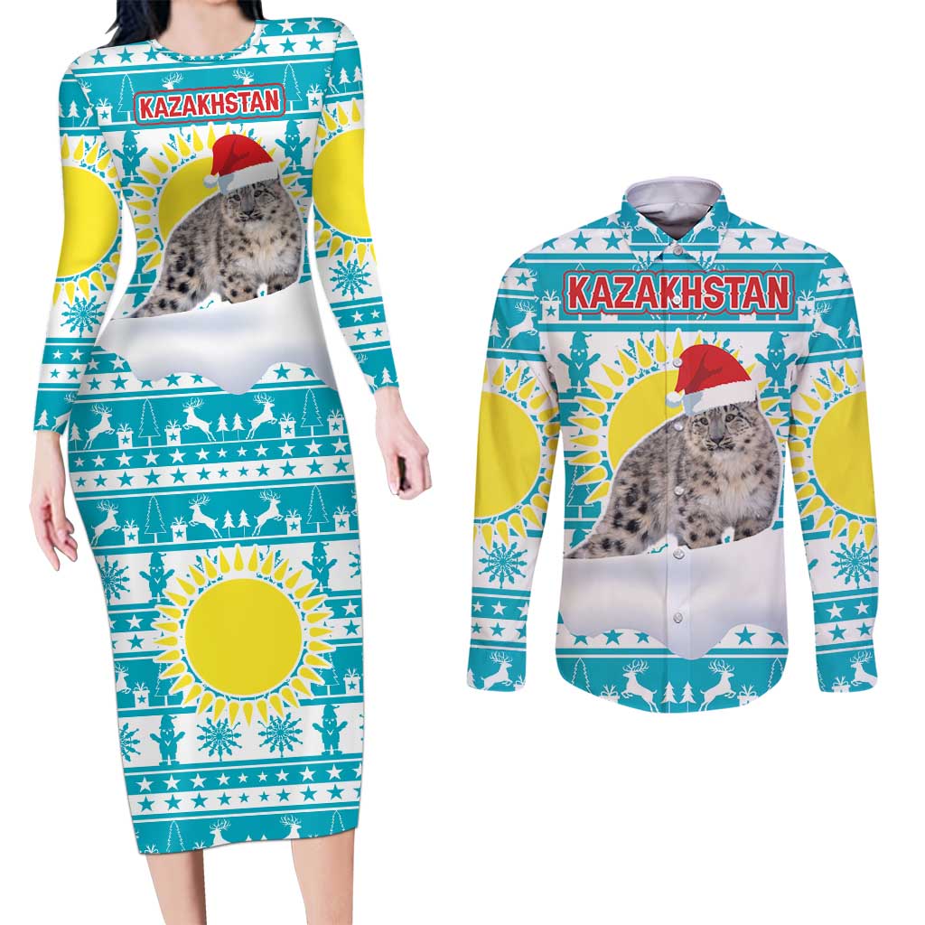 Kazakhstan Christmas Couples Matching Long Sleeve Bodycon Dress and Long Sleeve Button Shirt with Snow Leopard in Santa Hat Blue and Yellow Reindeer Snowflake - Wonder Print Shop