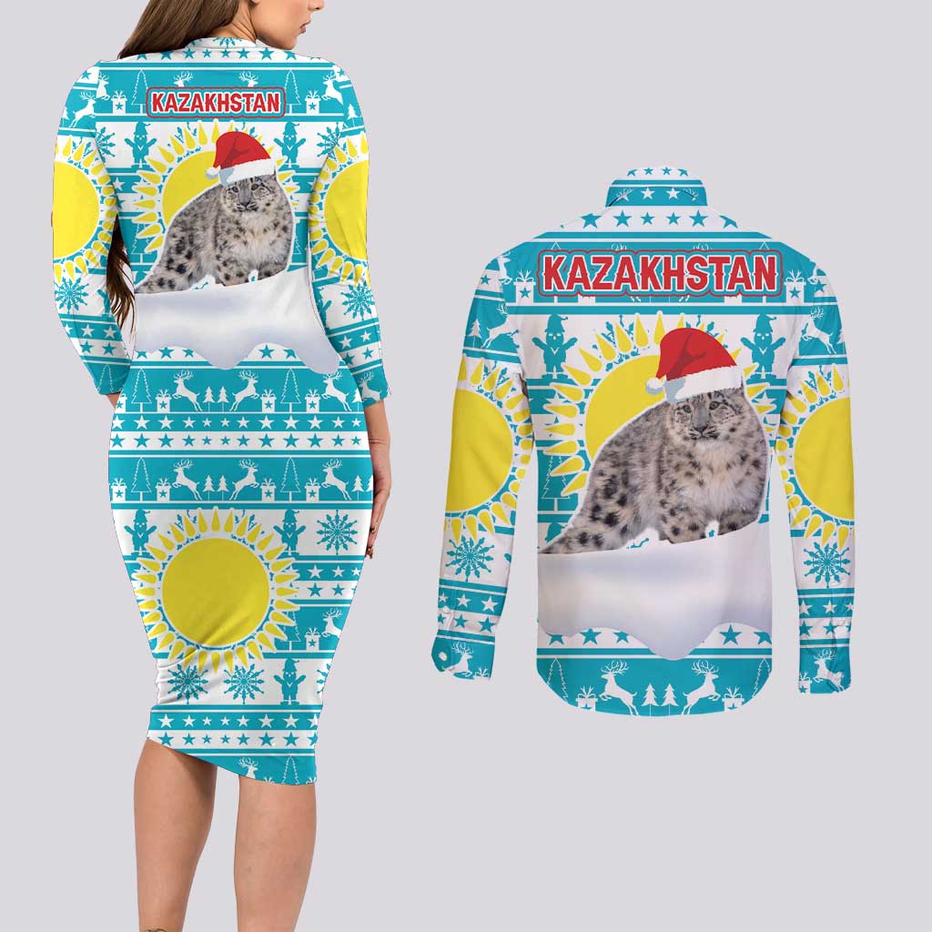 Kazakhstan Christmas Couples Matching Long Sleeve Bodycon Dress and Long Sleeve Button Shirt with Snow Leopard in Santa Hat Blue and Yellow Reindeer Snowflake - Wonder Print Shop