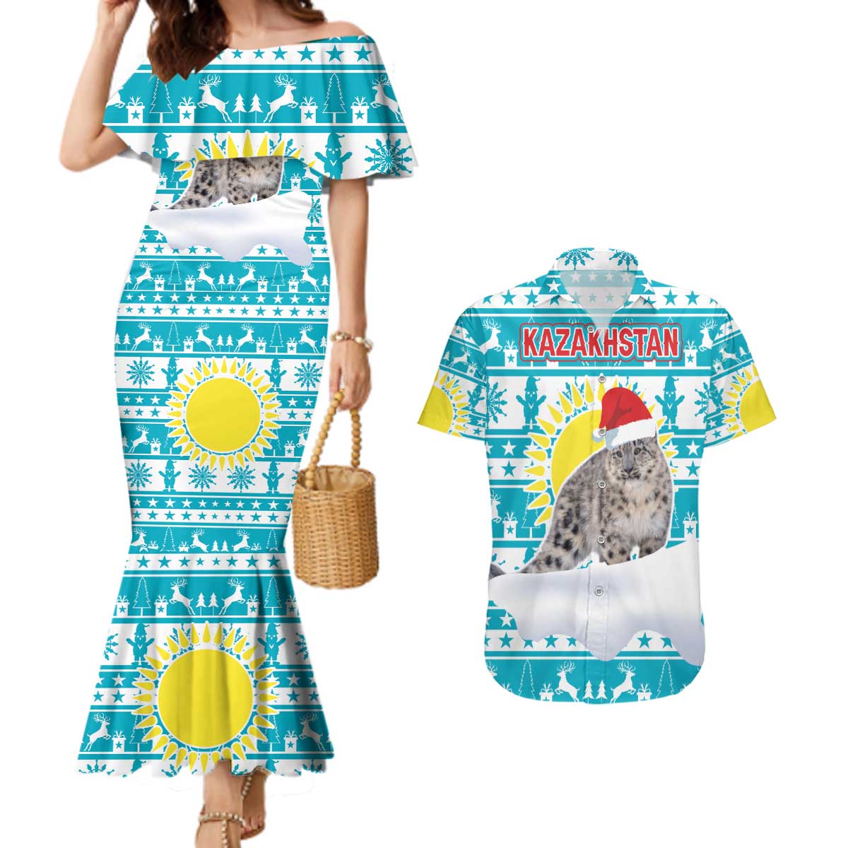 Kazakhstan Christmas Couples Matching Mermaid Dress and Hawaiian Shirt with Snow Leopard in Santa Hat Blue and Yellow Reindeer Snowflake - Wonder Print Shop