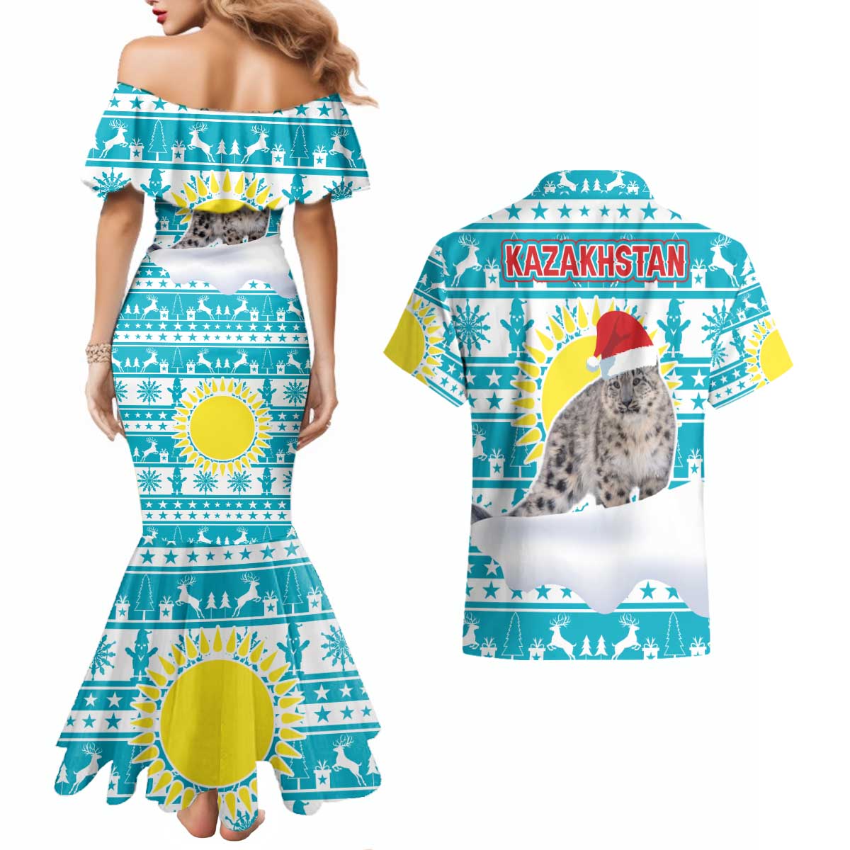 Kazakhstan Christmas Couples Matching Mermaid Dress and Hawaiian Shirt with Snow Leopard in Santa Hat Blue and Yellow Reindeer Snowflake - Wonder Print Shop