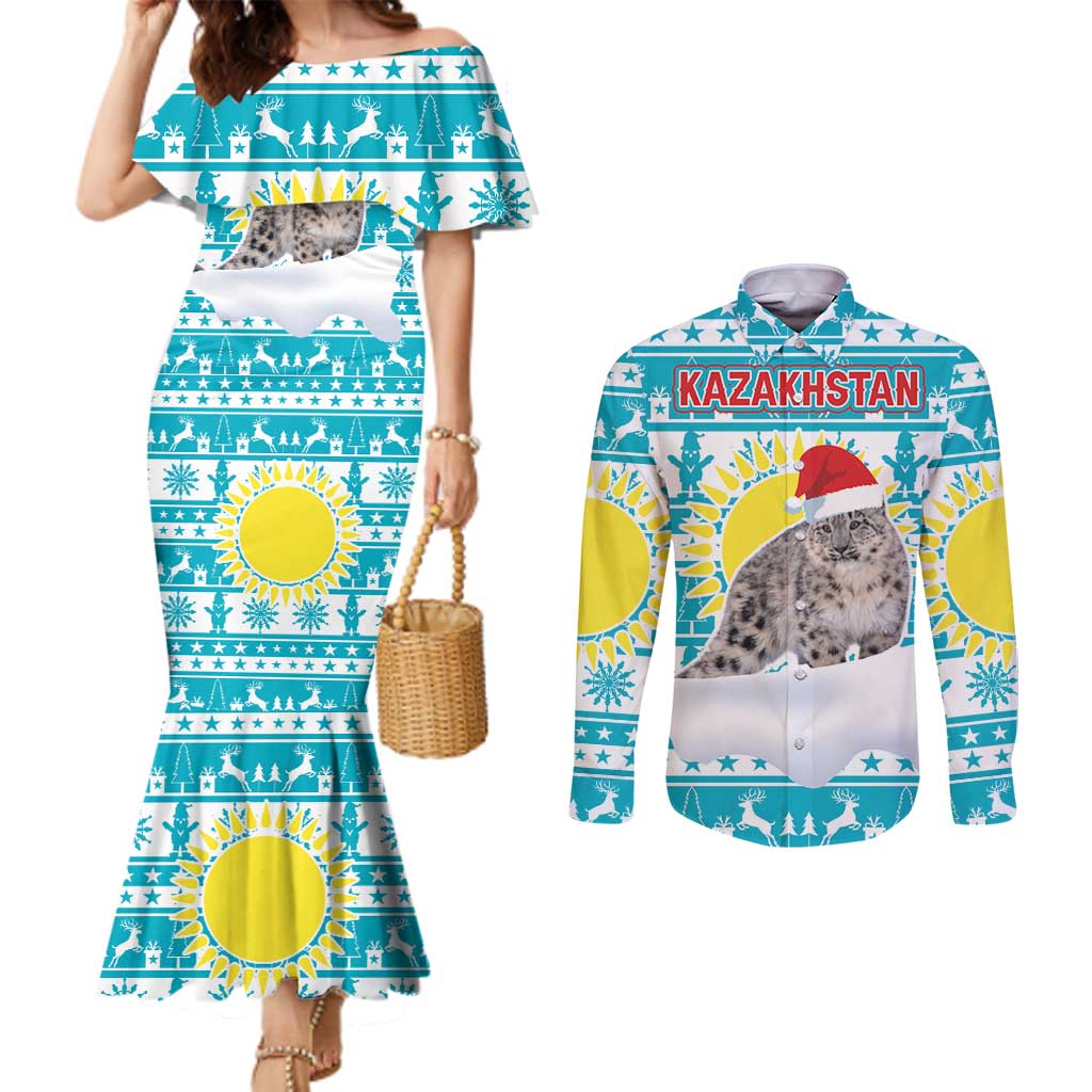 Kazakhstan Christmas Couples Matching Mermaid Dress and Long Sleeve Button Shirt with Snow Leopard in Santa Hat Blue and Yellow Reindeer Snowflake - Wonder Print Shop