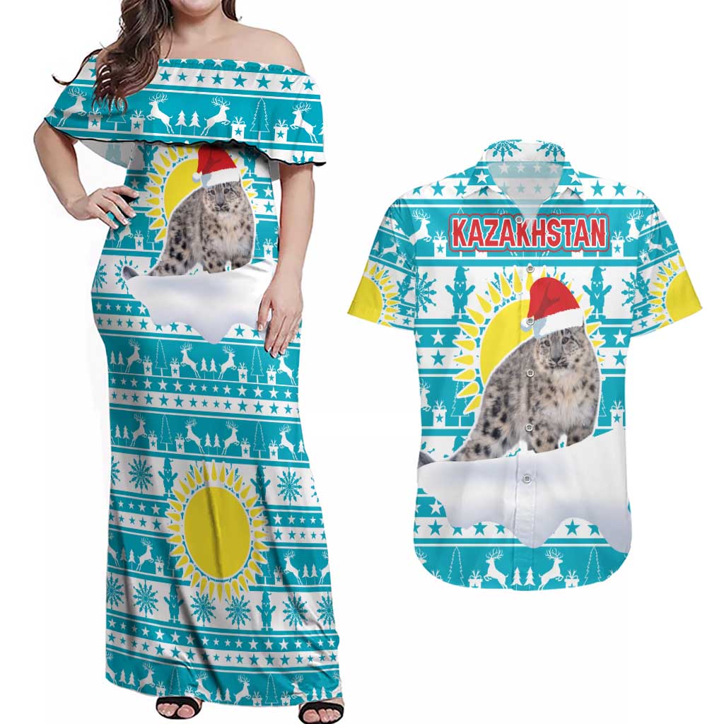 Kazakhstan Christmas Couples Matching Off Shoulder Maxi Dress and Hawaiian Shirt with Snow Leopard in Santa Hat Blue and Yellow Reindeer Snowflake - Wonder Print Shop