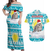 Kazakhstan Christmas Couples Matching Off Shoulder Maxi Dress and Hawaiian Shirt with Snow Leopard in Santa Hat Blue and Yellow Reindeer Snowflake - Wonder Print Shop