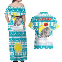 Kazakhstan Christmas Couples Matching Off Shoulder Maxi Dress and Hawaiian Shirt with Snow Leopard in Santa Hat Blue and Yellow Reindeer Snowflake - Wonder Print Shop
