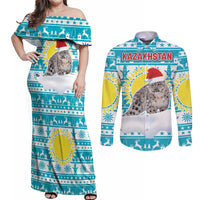 Kazakhstan Christmas Couples Matching Off Shoulder Maxi Dress and Long Sleeve Button Shirt with Snow Leopard in Santa Hat Blue and Yellow Reindeer Snowflake - Wonder Print Shop