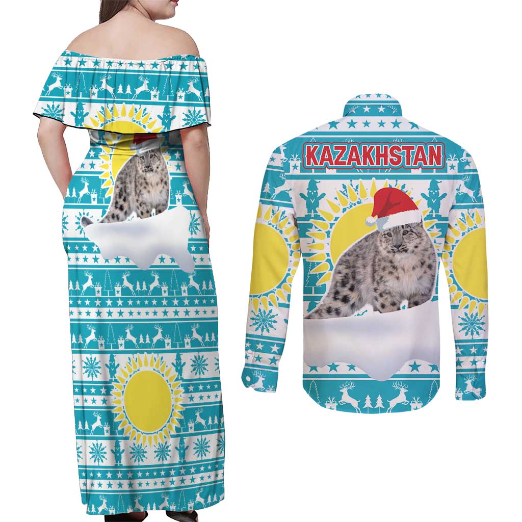 Kazakhstan Christmas Couples Matching Off Shoulder Maxi Dress and Long Sleeve Button Shirt with Snow Leopard in Santa Hat Blue and Yellow Reindeer Snowflake - Wonder Print Shop