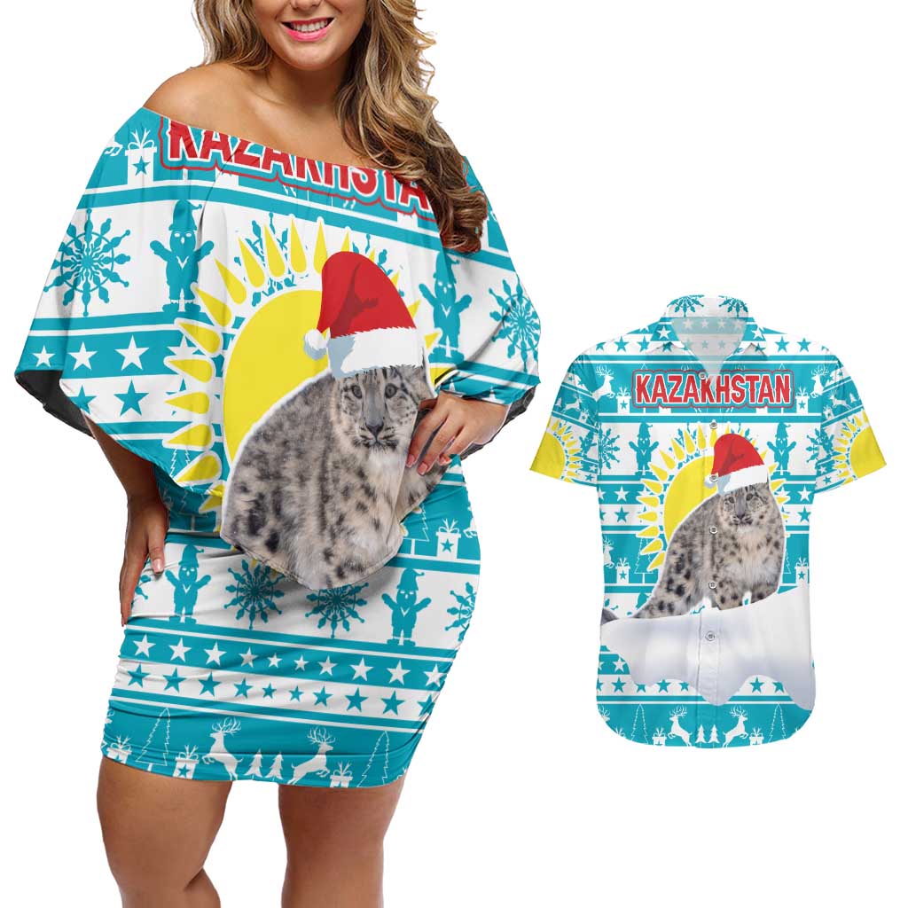 Kazakhstan Christmas Couples Matching Off Shoulder Short Dress and Hawaiian Shirt with Snow Leopard in Santa Hat Blue and Yellow Reindeer Snowflake - Wonder Print Shop