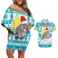 Kazakhstan Christmas Couples Matching Off Shoulder Short Dress and Hawaiian Shirt with Snow Leopard in Santa Hat Blue and Yellow Reindeer Snowflake - Wonder Print Shop