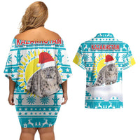 Kazakhstan Christmas Couples Matching Off Shoulder Short Dress and Hawaiian Shirt with Snow Leopard in Santa Hat Blue and Yellow Reindeer Snowflake - Wonder Print Shop