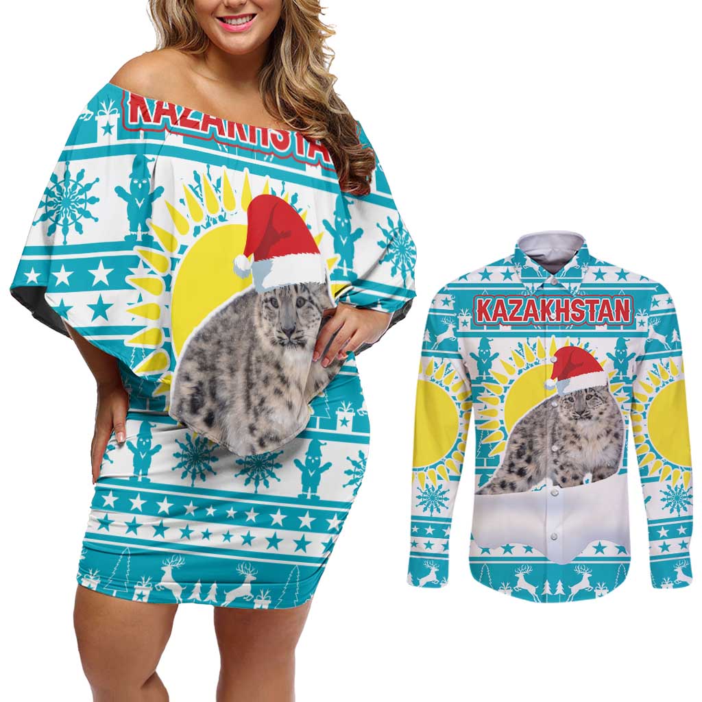 Kazakhstan Christmas Couples Matching Off Shoulder Short Dress and Long Sleeve Button Shirt with Snow Leopard in Santa Hat Blue and Yellow Reindeer Snowflake - Wonder Print Shop