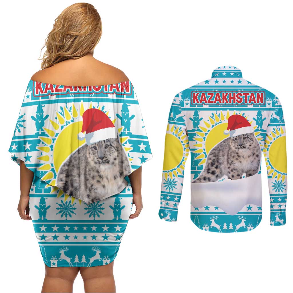 Kazakhstan Christmas Couples Matching Off Shoulder Short Dress and Long Sleeve Button Shirt with Snow Leopard in Santa Hat Blue and Yellow Reindeer Snowflake - Wonder Print Shop