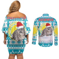 Kazakhstan Christmas Couples Matching Off Shoulder Short Dress and Long Sleeve Button Shirt with Snow Leopard in Santa Hat Blue and Yellow Reindeer Snowflake - Wonder Print Shop