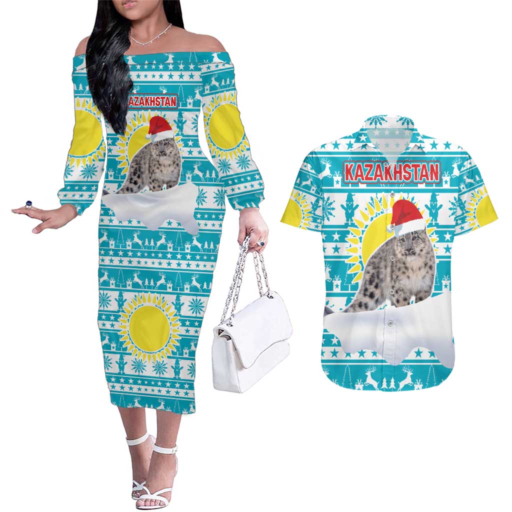 Kazakhstan Christmas Couples Matching Off The Shoulder Long Sleeve Dress and Hawaiian Shirt with Snow Leopard in Santa Hat Blue and Yellow Reindeer Snowflake - Wonder Print Shop