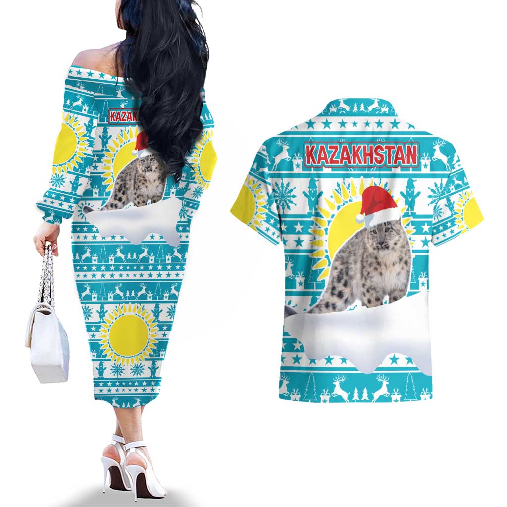 Kazakhstan Christmas Couples Matching Off The Shoulder Long Sleeve Dress and Hawaiian Shirt with Snow Leopard in Santa Hat Blue and Yellow Reindeer Snowflake - Wonder Print Shop