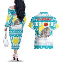 Kazakhstan Christmas Couples Matching Off The Shoulder Long Sleeve Dress and Hawaiian Shirt with Snow Leopard in Santa Hat Blue and Yellow Reindeer Snowflake - Wonder Print Shop