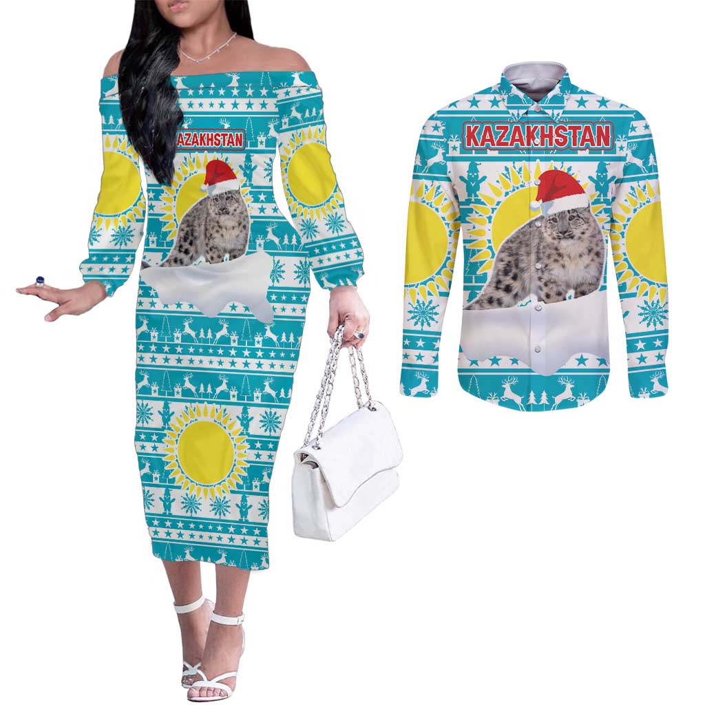 Kazakhstan Christmas Couples Matching Off The Shoulder Long Sleeve Dress and Long Sleeve Button Shirt with Snow Leopard in Santa Hat Blue and Yellow Reindeer Snowflake - Wonder Print Shop