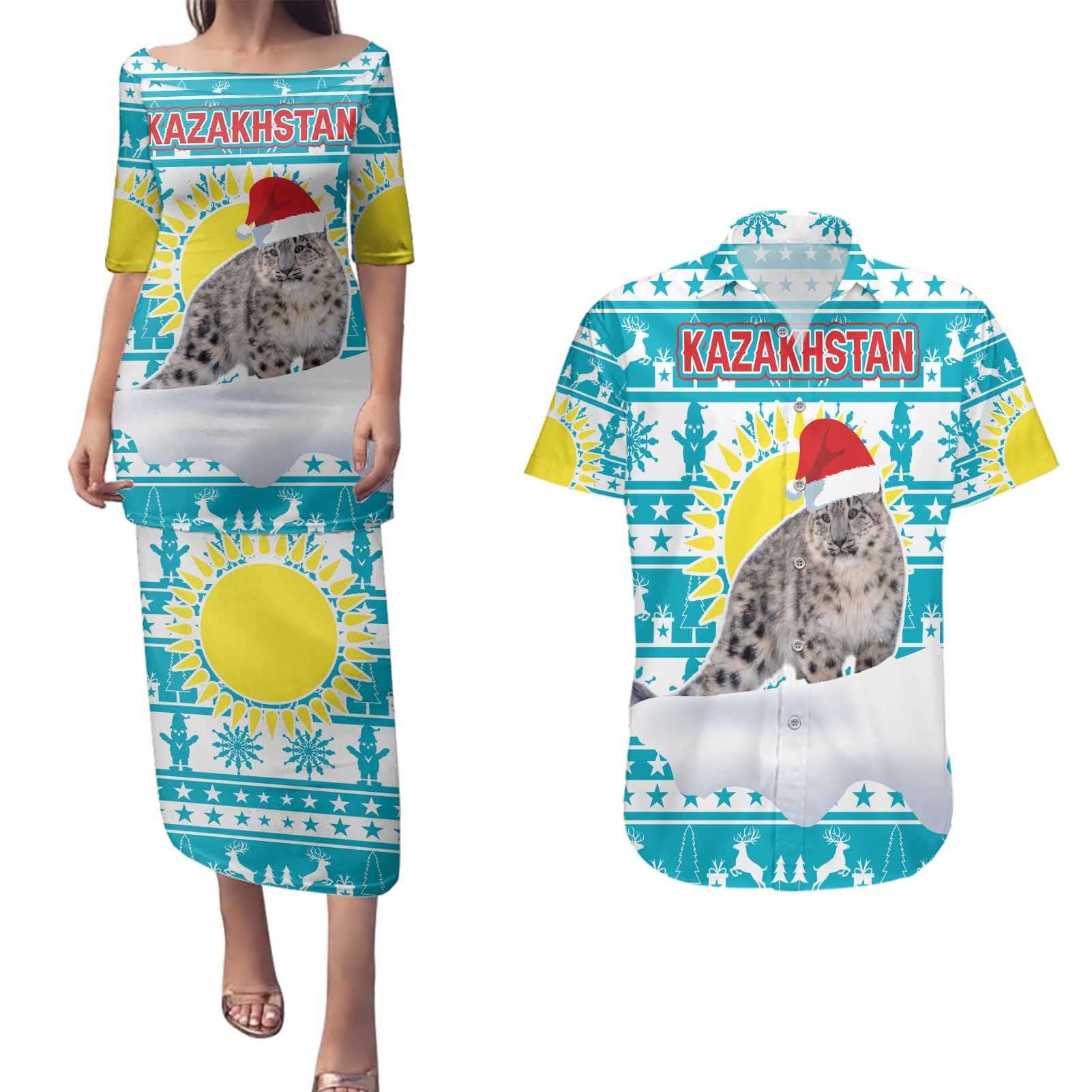 Kazakhstan Christmas Couples Matching Puletasi and Hawaiian Shirt with Snow Leopard in Santa Hat Blue and Yellow Reindeer Snowflake - Wonder Print Shop