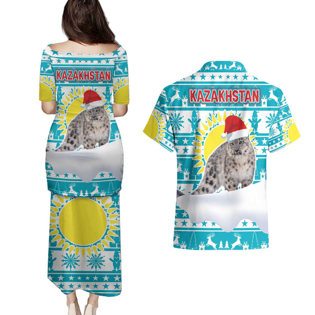 Kazakhstan Christmas Couples Matching Puletasi and Hawaiian Shirt with Snow Leopard in Santa Hat Blue and Yellow Reindeer Snowflake - Wonder Print Shop