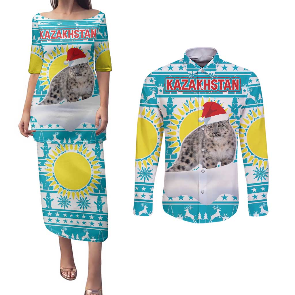 Kazakhstan Christmas Couples Matching Puletasi and Long Sleeve Button Shirt with Snow Leopard in Santa Hat Blue and Yellow Reindeer Snowflake - Wonder Print Shop