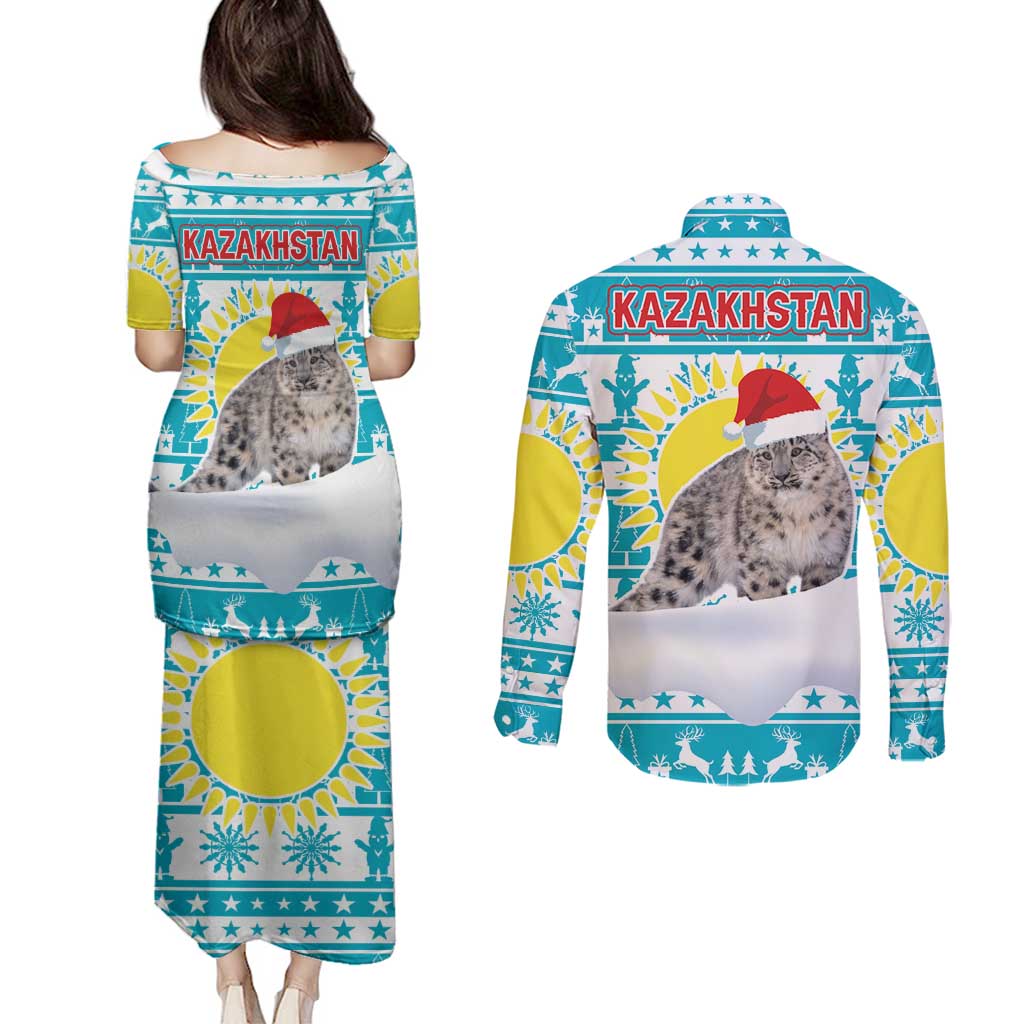 Kazakhstan Christmas Couples Matching Puletasi and Long Sleeve Button Shirt with Snow Leopard in Santa Hat Blue and Yellow Reindeer Snowflake - Wonder Print Shop
