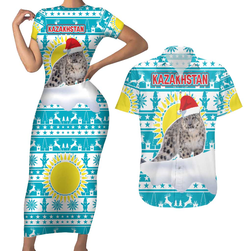 Kazakhstan Christmas Couples Matching Short Sleeve Bodycon Dress and Hawaiian Shirt with Snow Leopard in Santa Hat Blue and Yellow Reindeer Snowflake - Wonder Print Shop