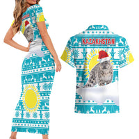Kazakhstan Christmas Couples Matching Short Sleeve Bodycon Dress and Hawaiian Shirt with Snow Leopard in Santa Hat Blue and Yellow Reindeer Snowflake - Wonder Print Shop