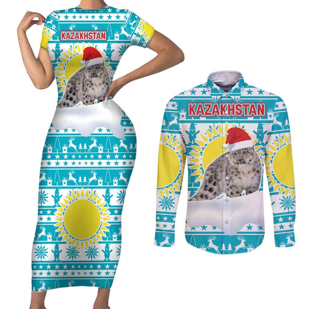 Kazakhstan Christmas Couples Matching Short Sleeve Bodycon Dress and Long Sleeve Button Shirt with Snow Leopard in Santa Hat Blue and Yellow Reindeer Snowflake - Wonder Print Shop
