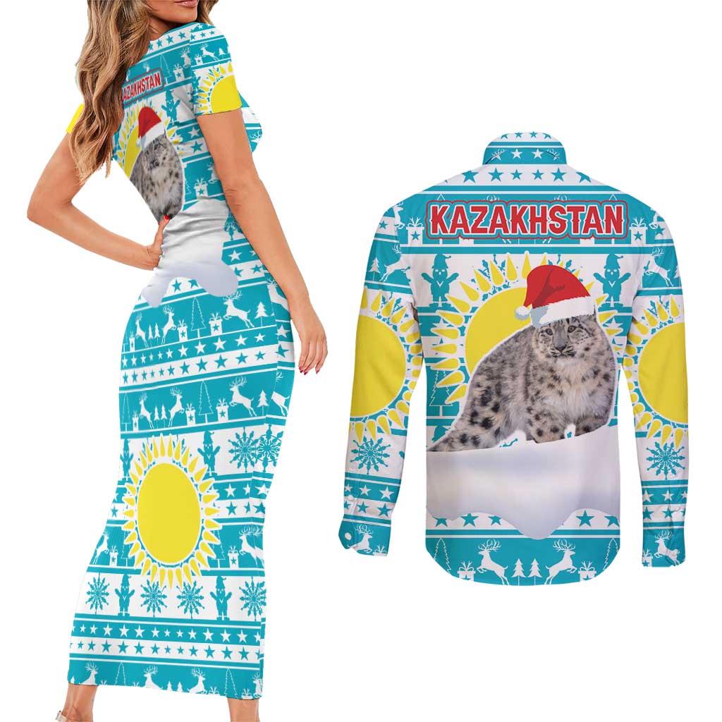Kazakhstan Christmas Couples Matching Short Sleeve Bodycon Dress and Long Sleeve Button Shirt with Snow Leopard in Santa Hat Blue and Yellow Reindeer Snowflake - Wonder Print Shop