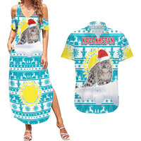 Kazakhstan Christmas Couples Matching Summer Maxi Dress and Hawaiian Shirt with Snow Leopard in Santa Hat Blue and Yellow Reindeer Snowflake - Wonder Print Shop