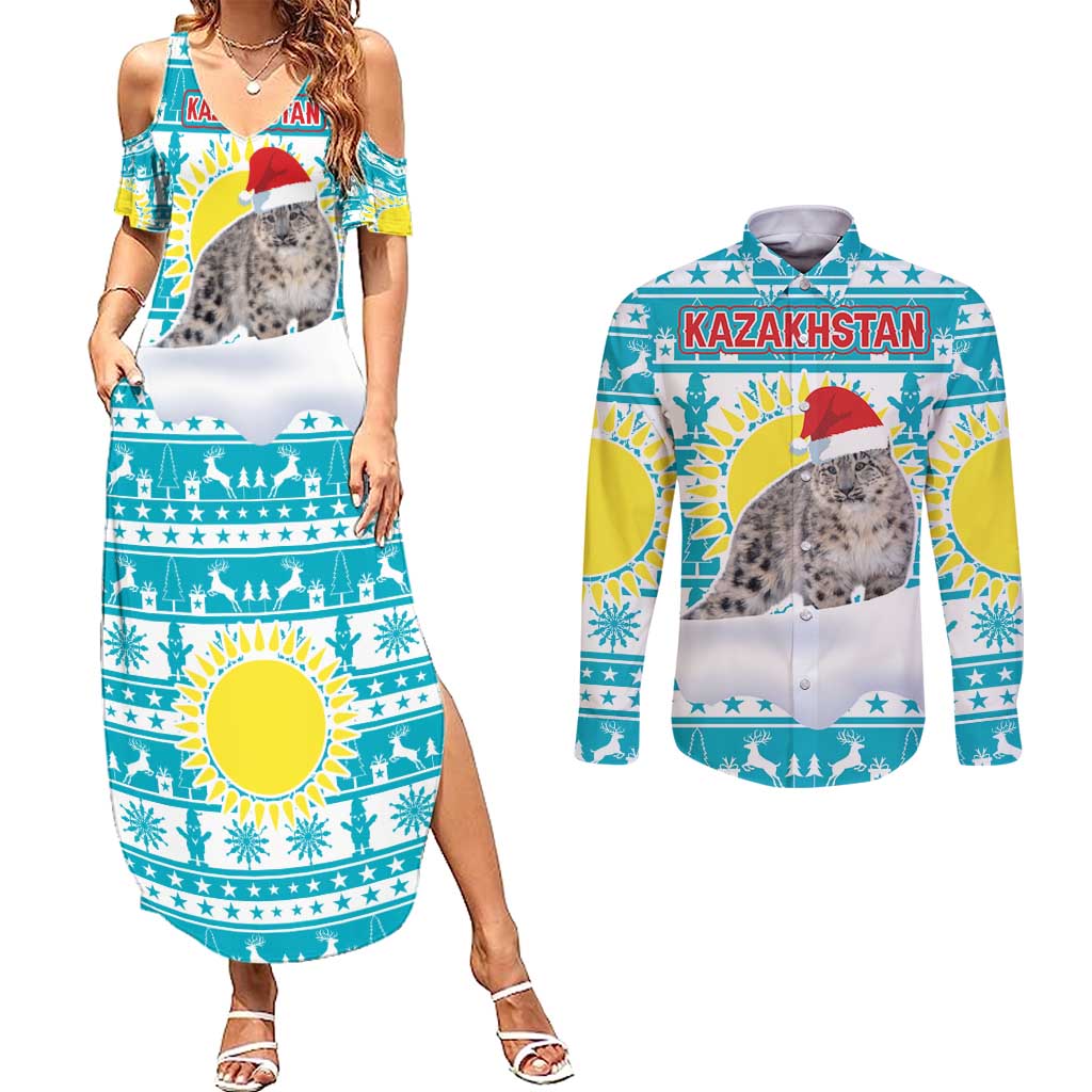 Kazakhstan Christmas Couples Matching Summer Maxi Dress and Long Sleeve Button Shirt with Snow Leopard in Santa Hat Blue and Yellow Reindeer Snowflake - Wonder Print Shop