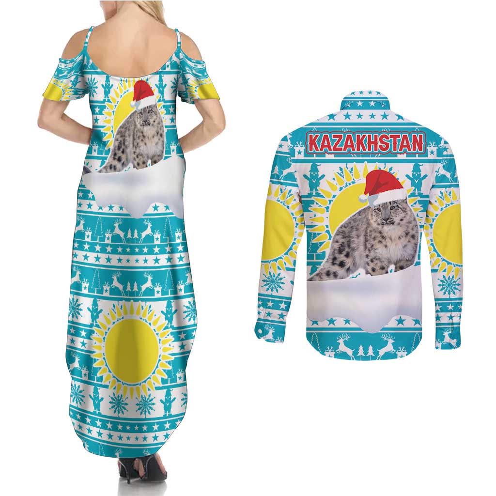 Kazakhstan Christmas Couples Matching Summer Maxi Dress and Long Sleeve Button Shirt with Snow Leopard in Santa Hat Blue and Yellow Reindeer Snowflake - Wonder Print Shop