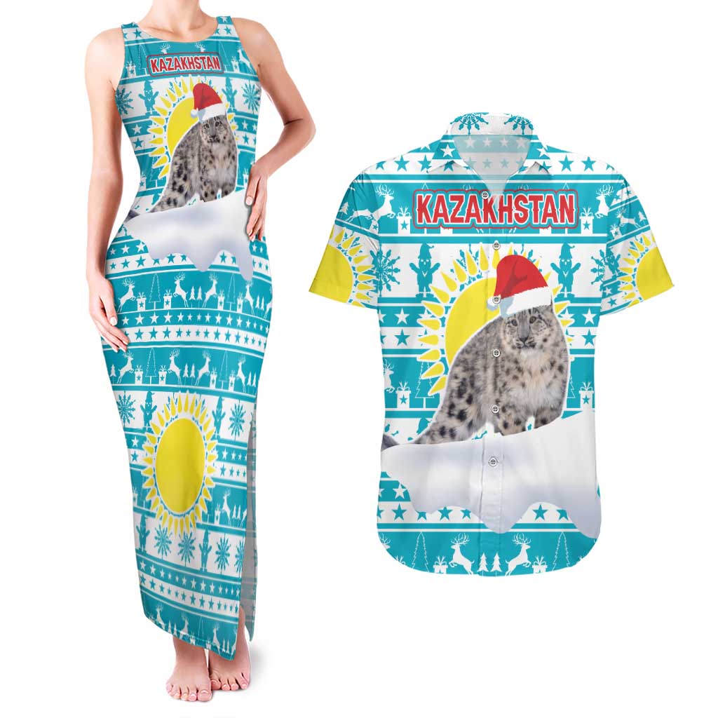 Kazakhstan Christmas Couples Matching Tank Maxi Dress and Hawaiian Shirt with Snow Leopard in Santa Hat Blue and Yellow Reindeer Snowflake - Wonder Print Shop