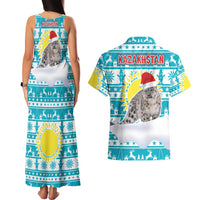 Kazakhstan Christmas Couples Matching Tank Maxi Dress and Hawaiian Shirt with Snow Leopard in Santa Hat Blue and Yellow Reindeer Snowflake - Wonder Print Shop