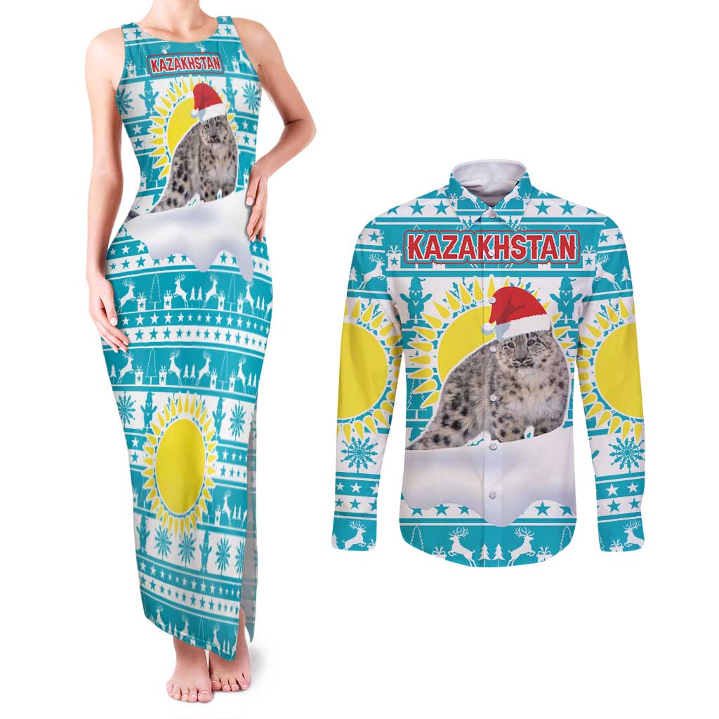 Kazakhstan Christmas Couples Matching Tank Maxi Dress and Long Sleeve Button Shirt with Snow Leopard in Santa Hat Blue and Yellow Reindeer Snowflake - Wonder Print Shop