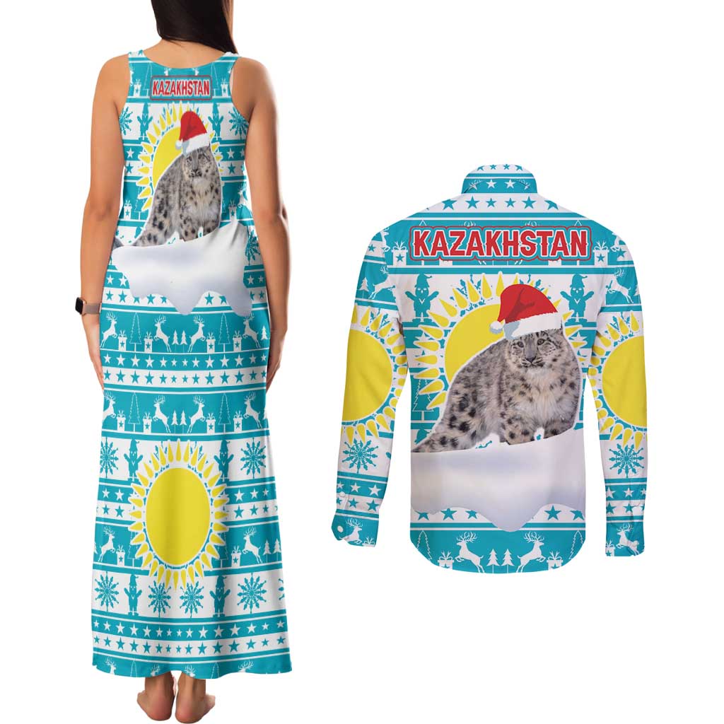 Kazakhstan Christmas Couples Matching Tank Maxi Dress and Long Sleeve Button Shirt with Snow Leopard in Santa Hat Blue and Yellow Reindeer Snowflake - Wonder Print Shop