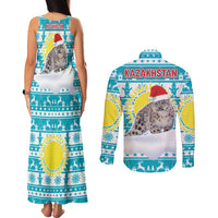 Kazakhstan Christmas Couples Matching Tank Maxi Dress and Long Sleeve Button Shirt with Snow Leopard in Santa Hat Blue and Yellow Reindeer Snowflake - Wonder Print Shop