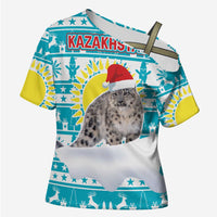 Kazakhstan Christmas Cross Shoulder Shirt with Snow Leopard in Santa Hat Blue and Yellow Reindeer Snowflake - Wonder Print Shop