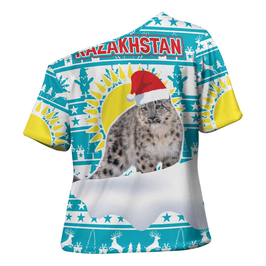 Kazakhstan Christmas Cross Shoulder Shirt with Snow Leopard in Santa Hat Blue and Yellow Reindeer Snowflake - Wonder Print Shop