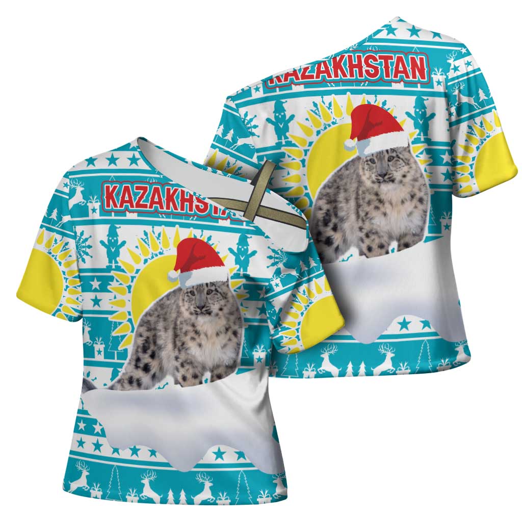 Kazakhstan Christmas Cross Shoulder Shirt with Snow Leopard in Santa Hat Blue and Yellow Reindeer Snowflake - Wonder Print Shop