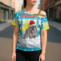 Kazakhstan Christmas Cross Shoulder Shirt with Snow Leopard in Santa Hat Blue and Yellow Reindeer Snowflake - Wonder Print Shop