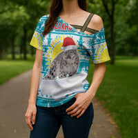 Kazakhstan Christmas Cross Shoulder Shirt with Snow Leopard in Santa Hat Blue and Yellow Reindeer Snowflake - Wonder Print Shop